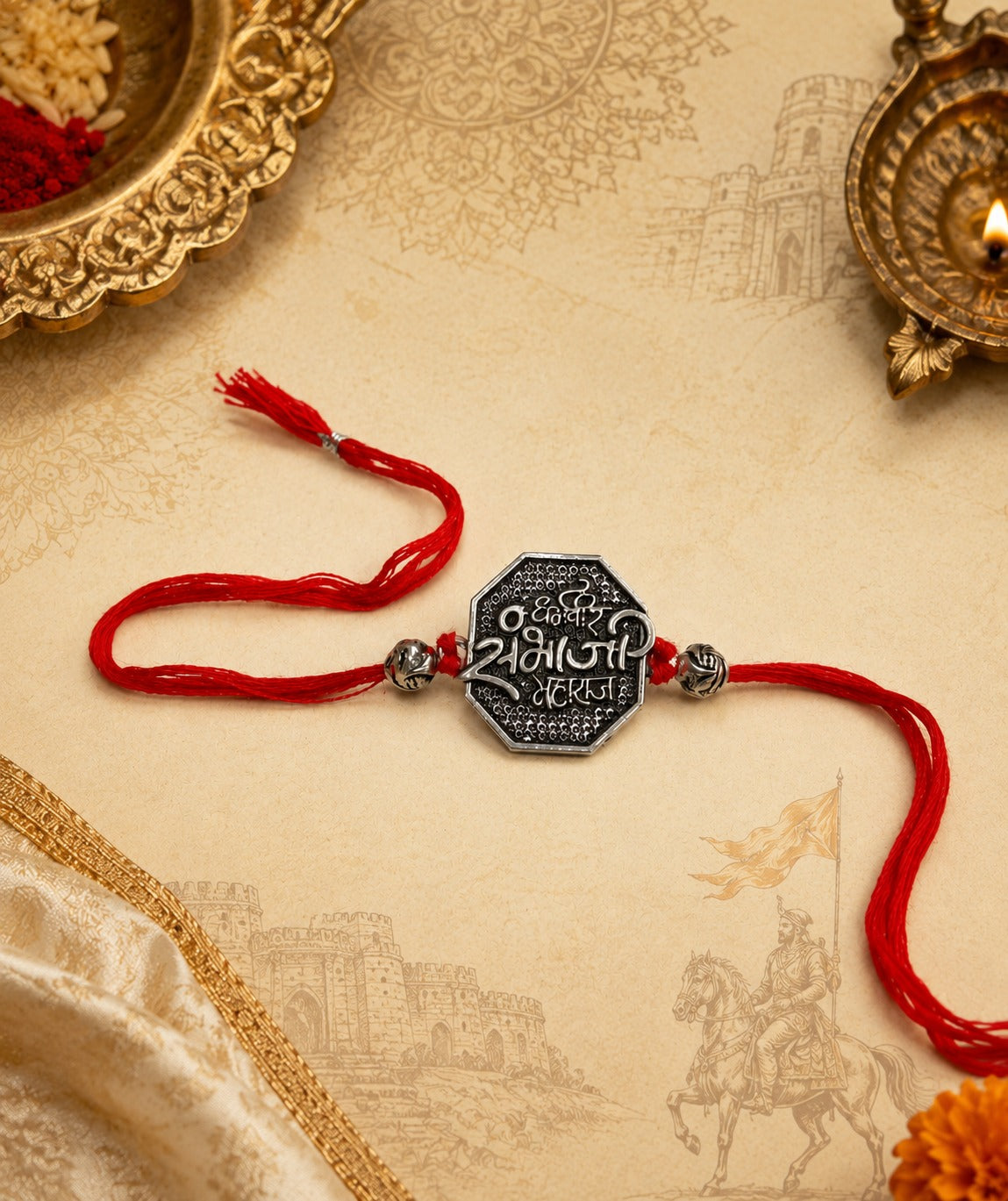 Chhatrapati Sambhaji Maharaj rakhi in oxidised skin-friendly metal with antique finish and adjustable thread, handcrafted by Jija Jewels, Satara