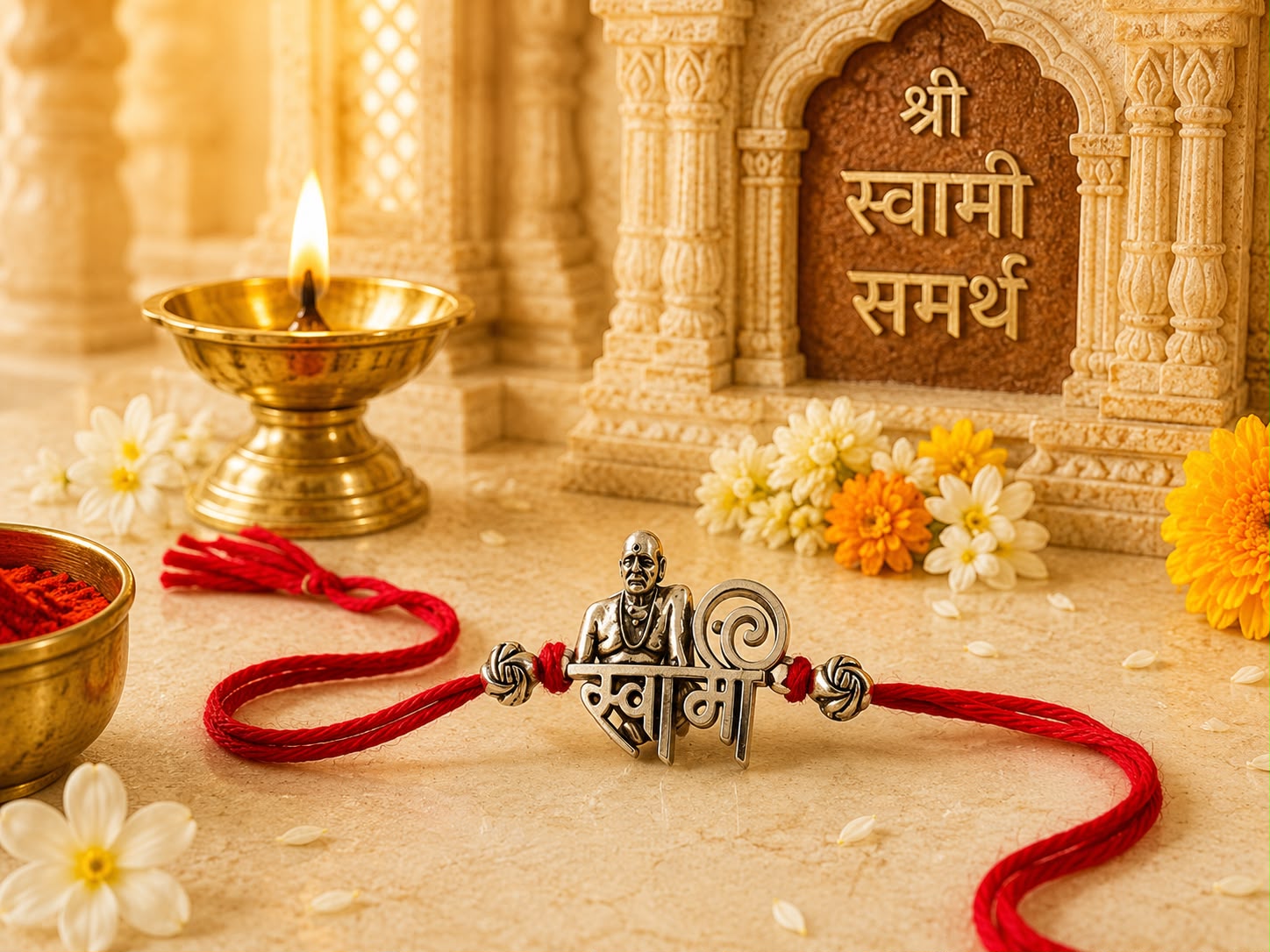 Shree Swami Samarth swami rakhi with oxidised antique finish in skin-friendly nickel-free metal, adjustable thread, handcrafted by Jija Jewels in Satara