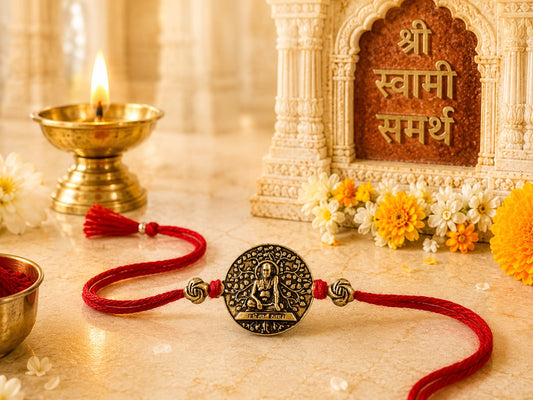 Shree Swami Samarth Akkalkot devotional rakhi with oxidised antique finish in skin-friendly nickel-free metal, adjustable thread, handcrafted by Jija Jewels in Satara