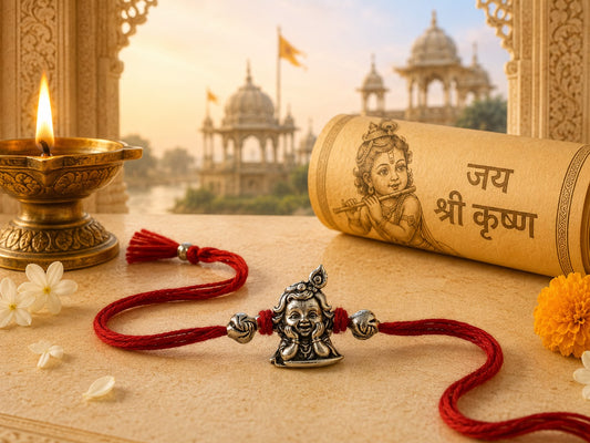 Bal Gopal baby Krishna rakhi with oxidised antique finish in skin-friendly nickel-free metal, adjustable thread, handcrafted by Jija Jewels in Satara