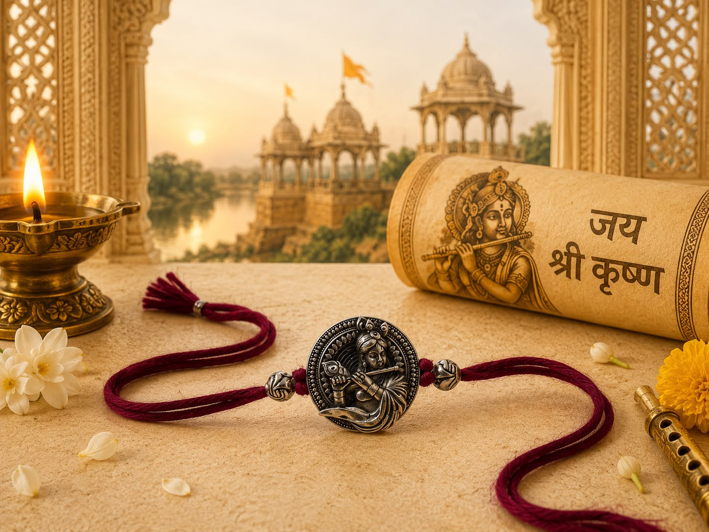 Shri Krishna rakhi with flute and peacock feather in oxidised antique finish, skin-friendly nickel-free metal, handcrafted by Jija Jewels in Satara