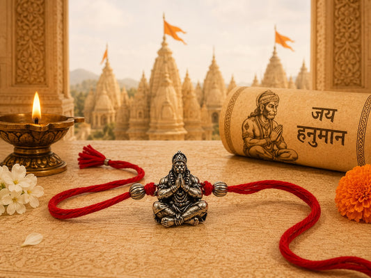Bajrangbali Hanuman rakhi with mace in oxidised antique finish, skin-friendly nickel-free metal, adjustable thread, handcrafted by Jija Jewels in Satara