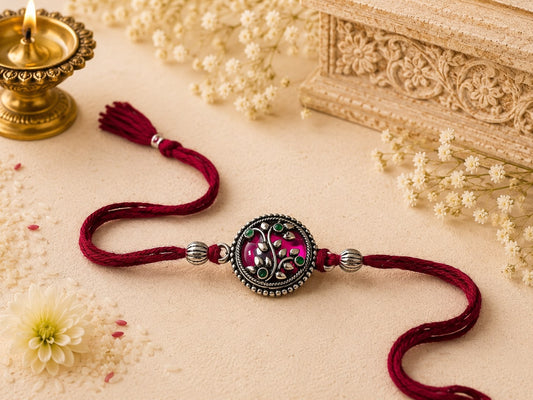 Peaceful Stone Rakhi – Oxidised Green Stone Rakhi with Ruby Floral Work | Jija Jewels