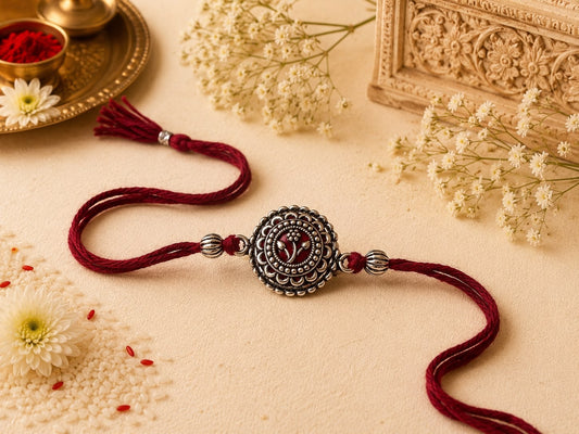 Floral oxidised rakhi with layered petal design in antique finish, skin-friendly nickel-free metal and adjustable thread, handmade by Jija Jewels in Satara