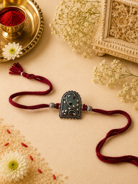 Green Stone Oxidised Silver Rakhi | Handcrafted Rakhi for Brother
