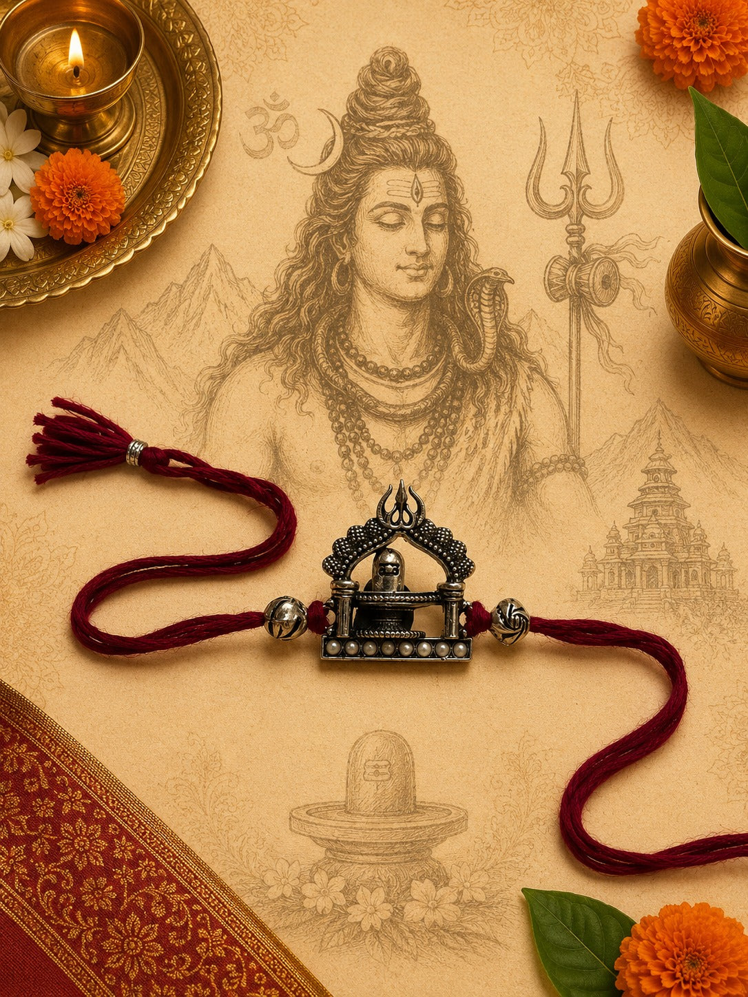 Shivling Shankar pind rakhi in oxidised antique finish, skin-friendly nickel-free metal with adjustable thread, handcrafted by Jija Jewels in Satara