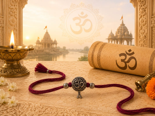 Om Omkar symbol rakhi with oxidised antique finish in skin-friendly nickel-free metal, adjustable thread, handcrafted by Jija Jewels in Satara