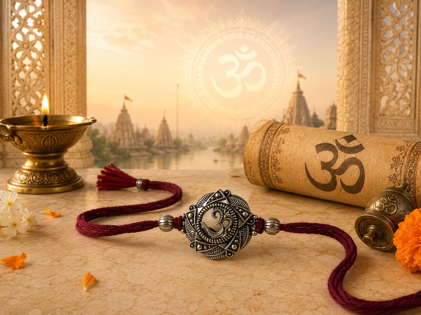 Om Aum symbol rakhi with oxidised antique finish in skin-friendly nickel-free metal, adjustable thread, handcrafted by Jija Jewels in Satara