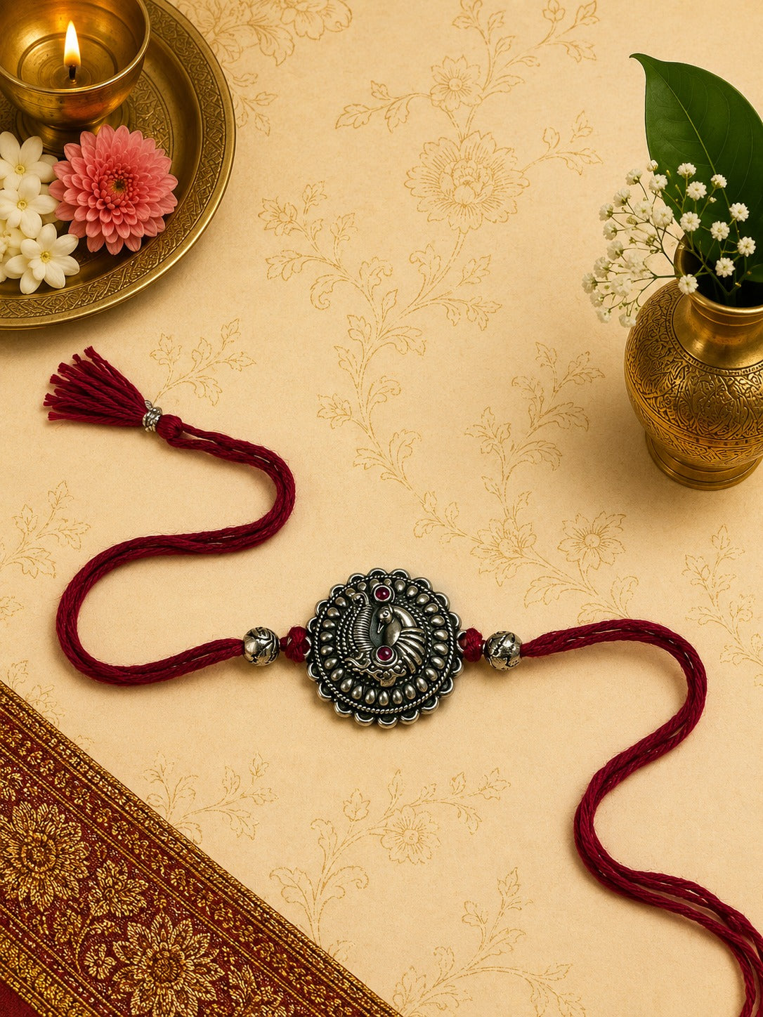 Peacock mor design oxidised rakhi with antique finish in skin-friendly nickel-free metal, adjustable thread, handcrafted by Jija Jewels in Satara
