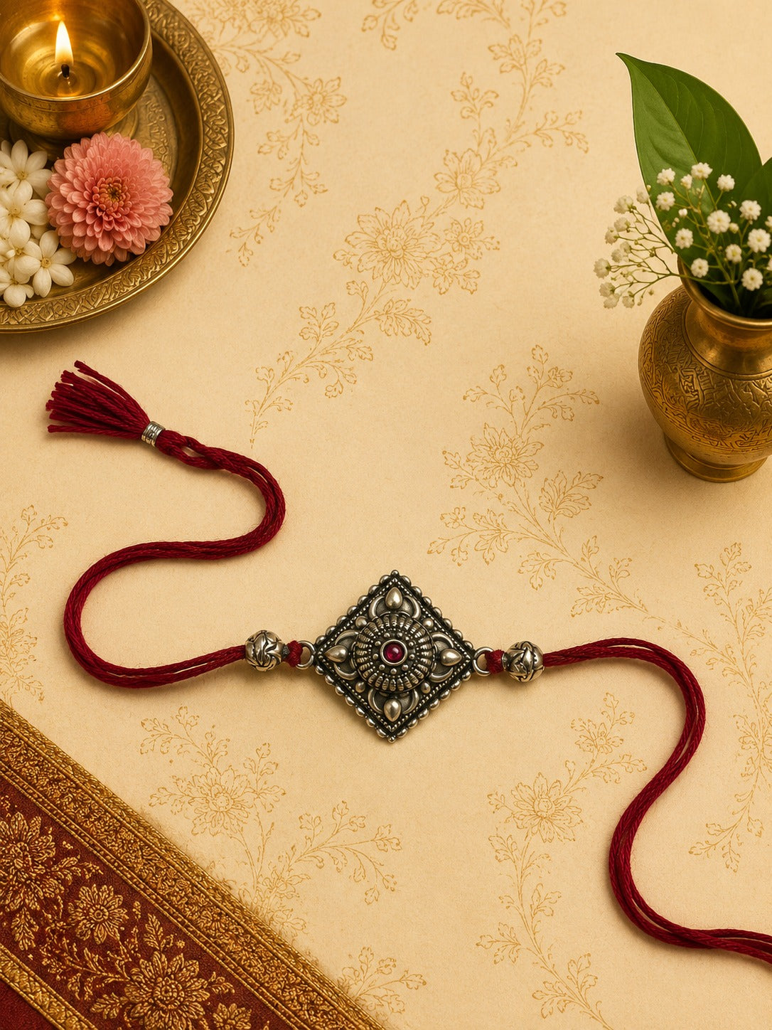 Geometric rectangular oxidised rakhi with antique finish in skin-friendly nickel-free metal, adjustable thread, handmade by Jija Jewels in Satara