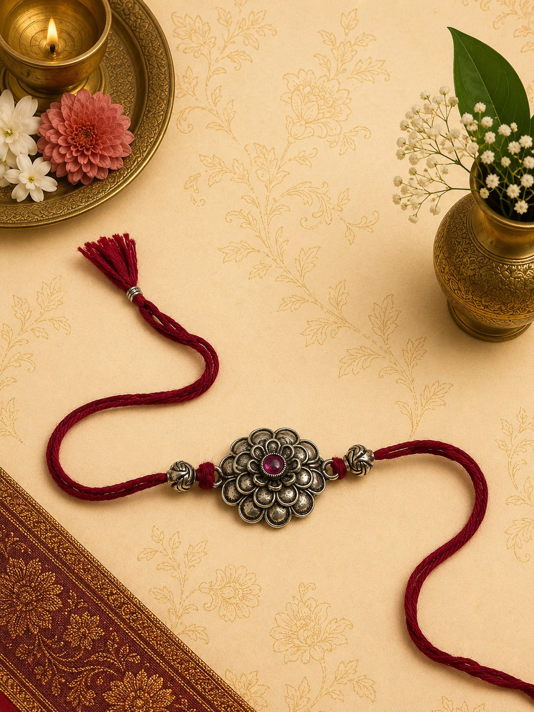 Classic oxidised flower rakhi with antique finish in skin-friendly nickel-free metal, adjustable thread, handmade by Jija Jewels in Satara