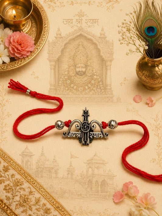 Khatu Shyam Shyam Baba rakhi with oxidised antique finish in skin-friendly nickel-free metal, adjustable thread, handcrafted by Jija Jewels in Satara