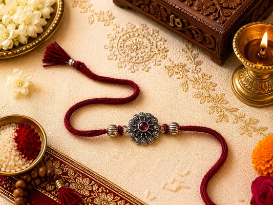 Kamal lotus design oxidised rakhi with antique finish in skin-friendly nickel-free metal, adjustable thread, handmade by Jija Jewels in Satara