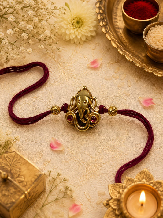 Ganpati Rakhi – Antique Gold Polish Ganesha Rakhi for Brother | Jija Jewels
