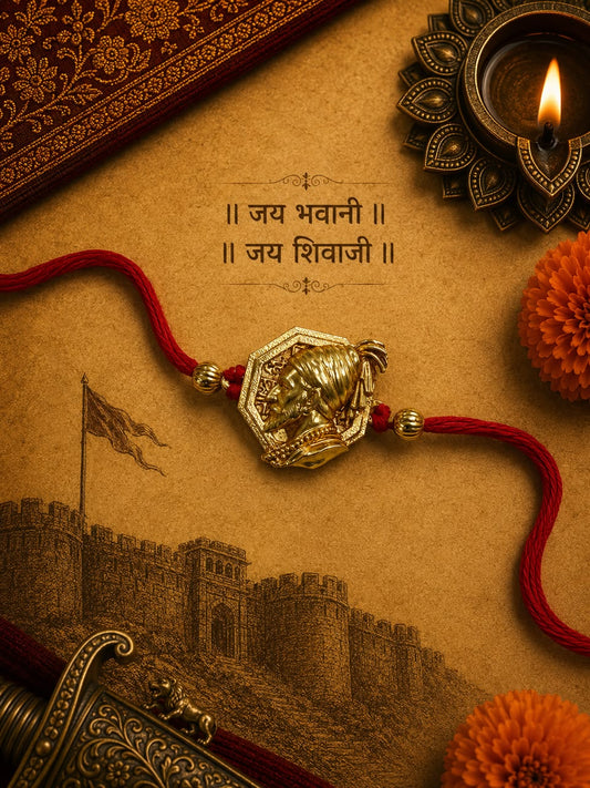 Shivaji Maharaj Rajmudra Rakhi – Antique Gold Plated Maratha Heritage Rakhi for Brother | Jija Jewels