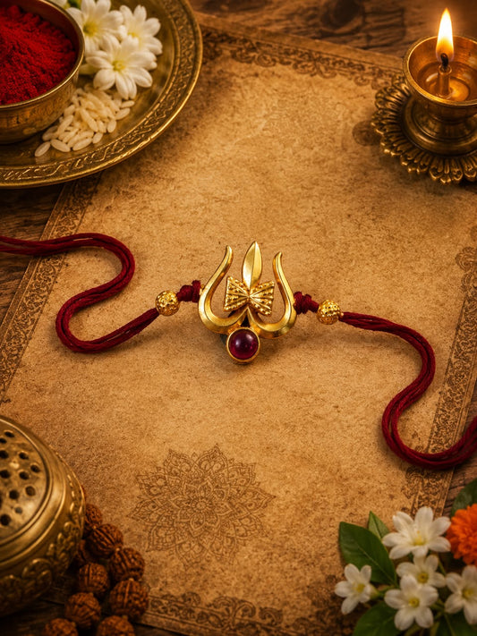 Trishul Rakhi – Antique Gold Plated Shiva Trident Rakhi for Brother | Jija Jewels