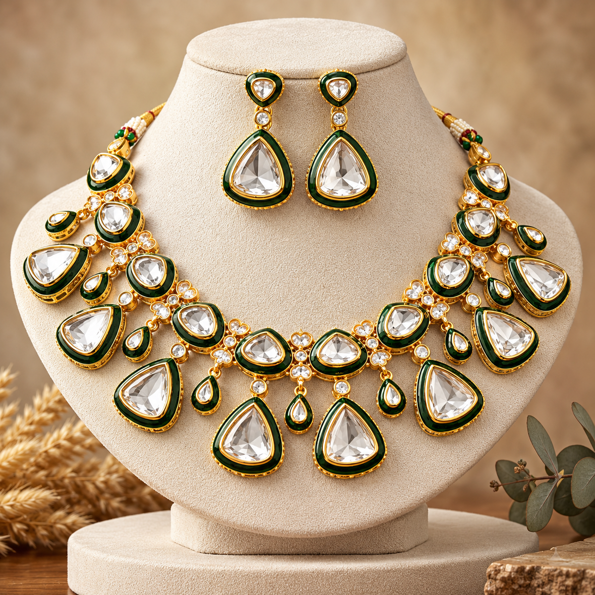 Emerald meena Moissanite Kundan statement necklace set in gold plating displayed on a velvet bust – Jija Jewellery
