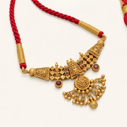 Traditional Maharashtrian Thushi Necklace with Red Dori – Antique Gold Plated – Jija Jewellery