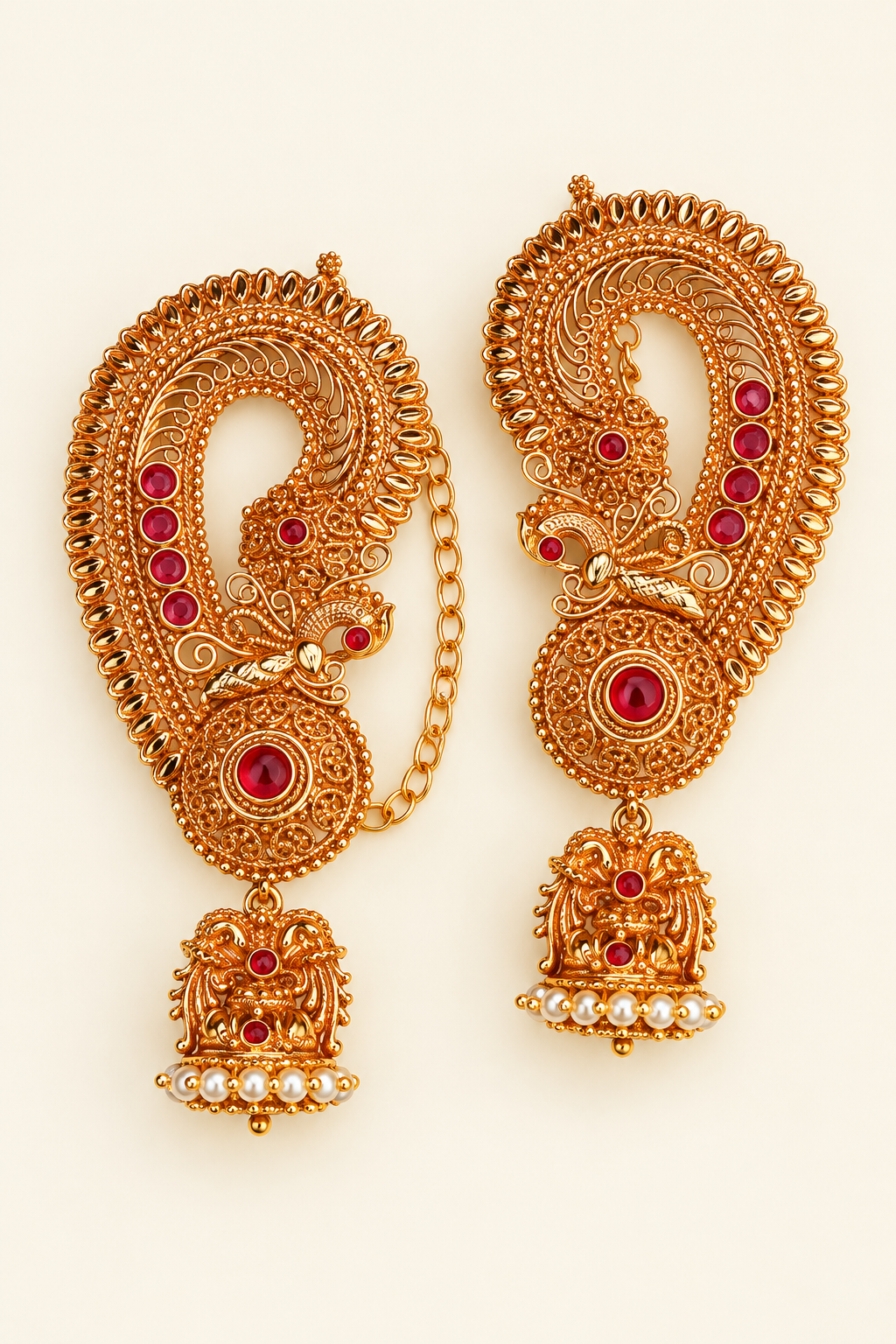 Ruby Stone Filigree Ear Cuff Jhumka Earrings with Chain – Gold Plated – Jija Jewellery