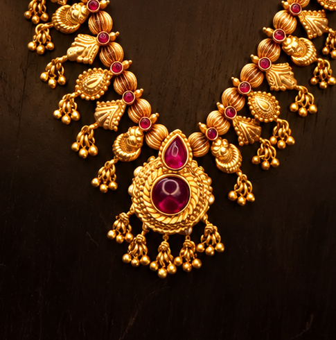 Maharashtrian Saaj Necklace – Matt Gold Plated with Ruby & Green Stones – Jija Jewellery