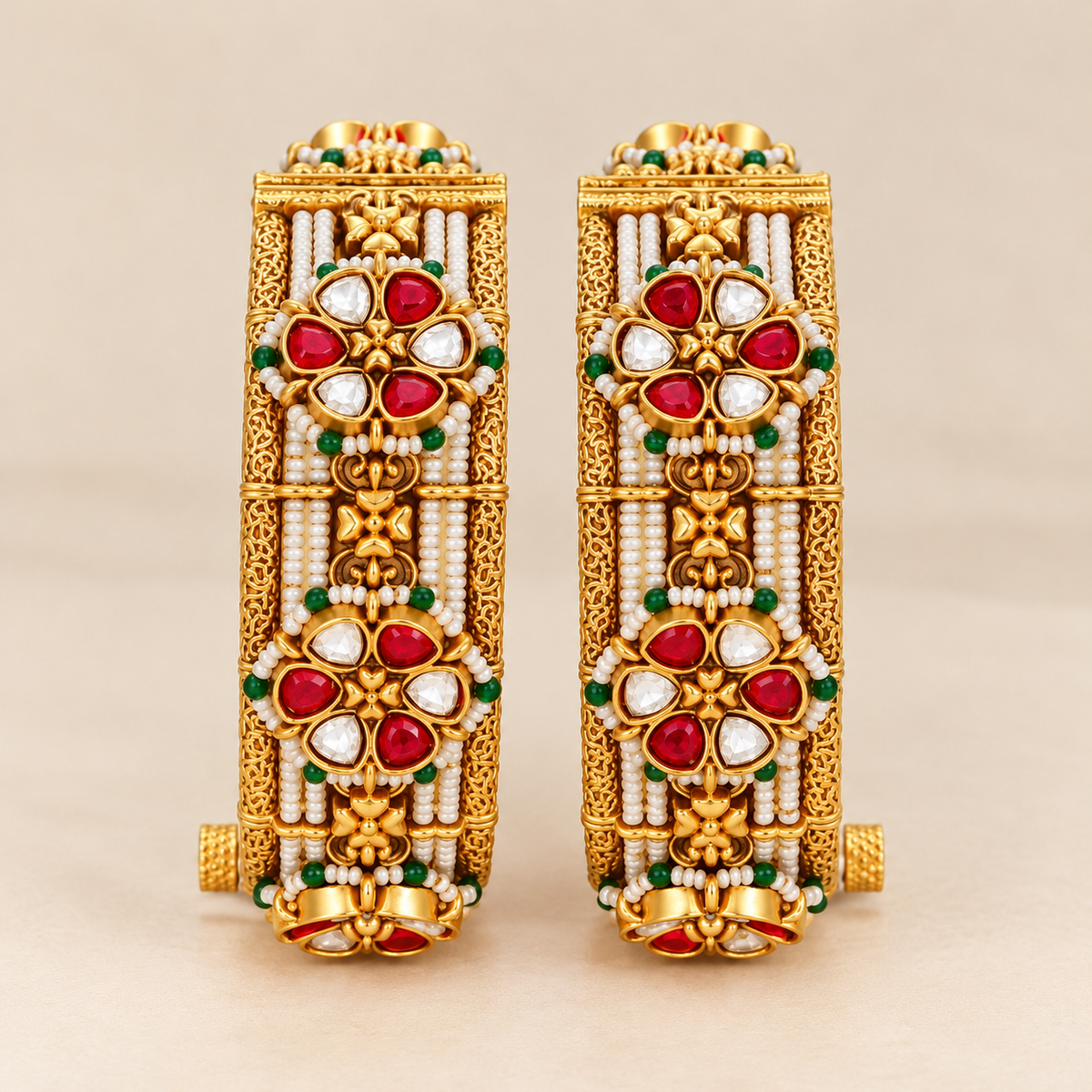 Ruby kundan polki and pearl gold plated bangles pair – openable kada by Jija Jewellery