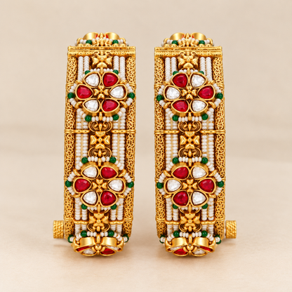 Ruby kundan polki and pearl gold plated bangles pair – openable kada by Jija Jewellery