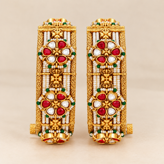 Ruby kundan polki and pearl gold plated bangles pair – openable kada by Jija Jewellery