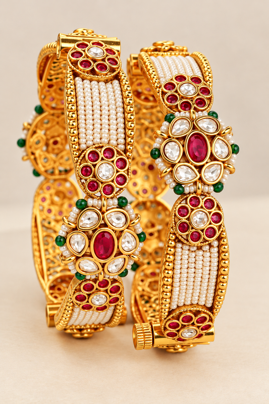 Rajwadi Moti Heritage Kada – Gold Plated Pearl Bridal Bangle with Screw Opening