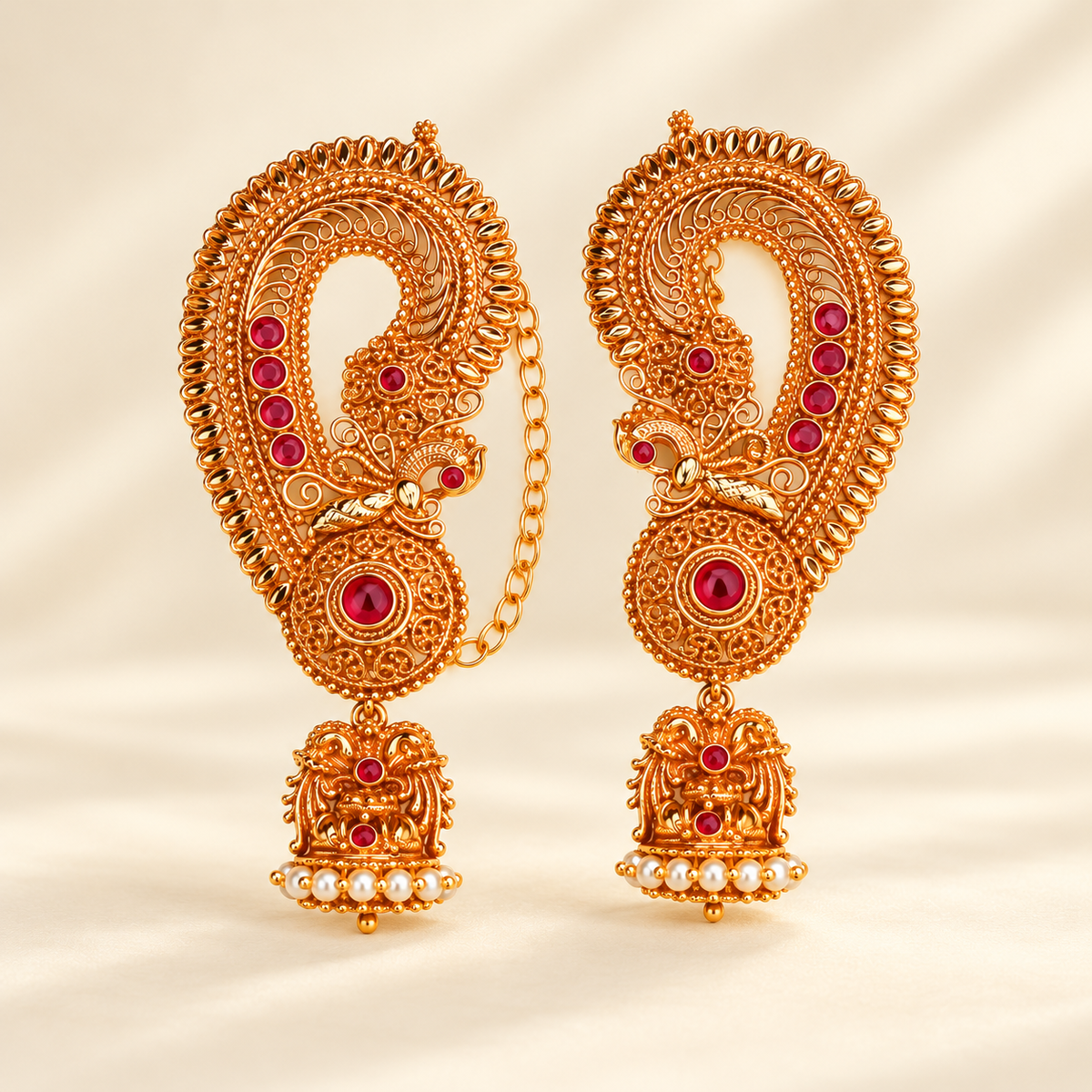 Ruby Stone Filigree Ear Cuff Jhumka Earrings with Chain – Gold Plated – Jija Jewellery