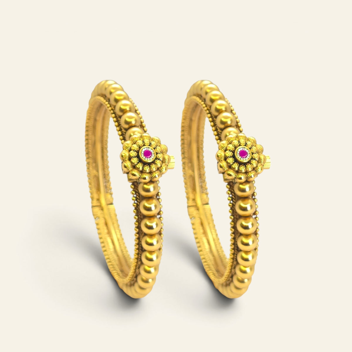 Maharashtrian Thushi-inspired gold-plated bangles by Jija Jewellery, shown upright