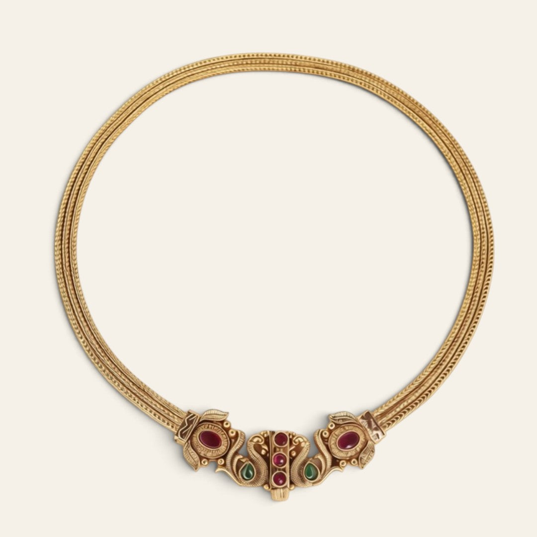South Indian Peacock Chitaag Necklace Set | Gold Plated Choker with Ruby, Emerald & Jhumka Earrings