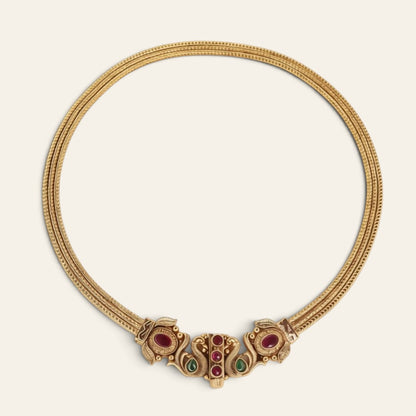 South Indian Peacock Chitaag Necklace Set | Gold Plated Choker with Ruby, Emerald & Jhumka Earrings