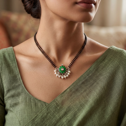 Kundan Stone Silver Mangalsutra | 92.5 Sterling Silver | 16" Traditional Daily Wear | Jija Jewels