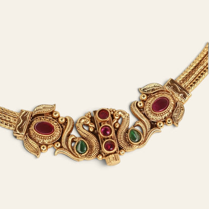 South Indian Peacock Chitaag Necklace Set | Gold Plated Choker with Ruby, Emerald & Jhumka Earrings