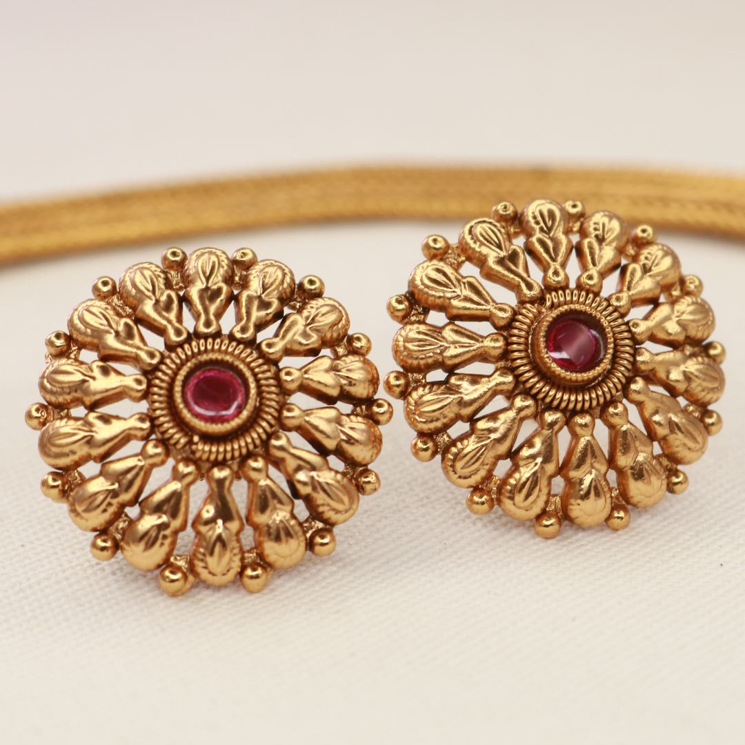 South Indian gold plated Chitaag necklace set with ruby stones and matching earrings - full view