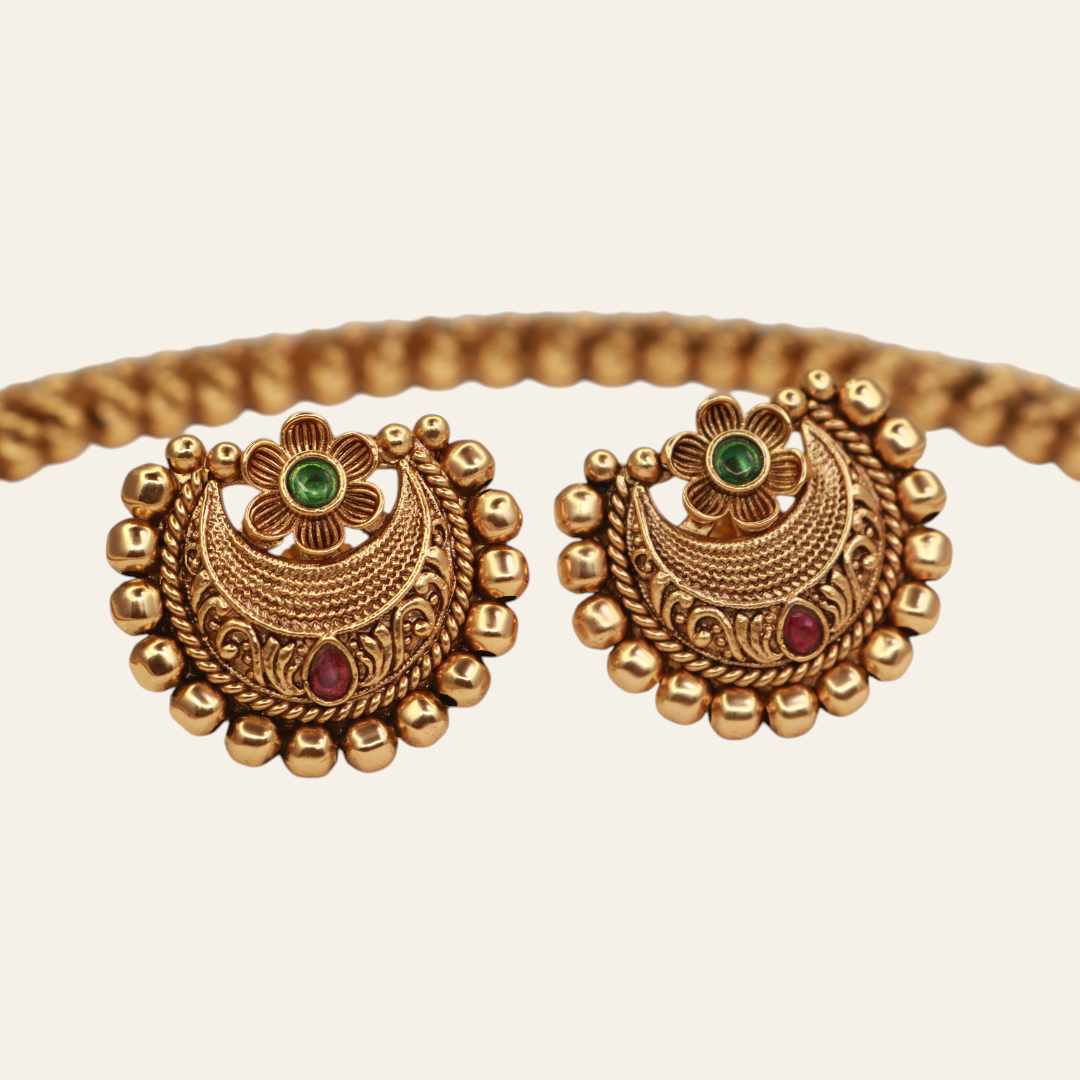 Chandbali choker necklace set displayed open showing necklace body and matching stud earrings
