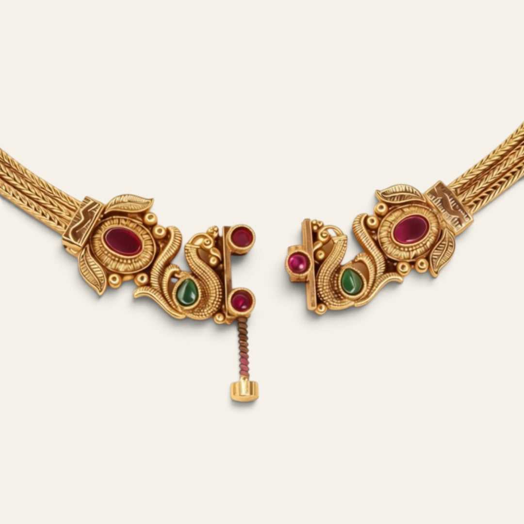 South Indian Peacock Chitaag Necklace Set | Gold Plated Choker with Ruby, Emerald & Jhumka Earrings