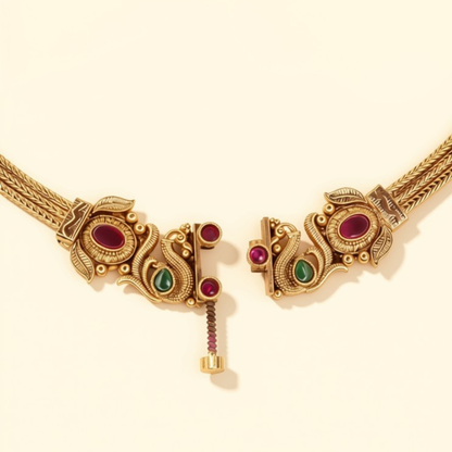 South Indian Peacock Chitaag necklace front-opening screw clasp with ruby and emerald stones - open view