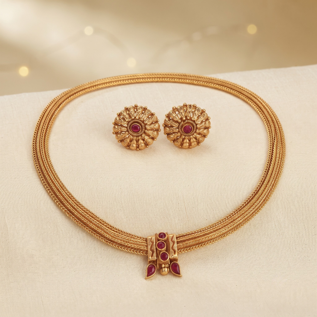 South Indian Ruby Chitaag Necklace Set | Gold Plated Choker with Earrings