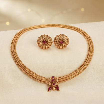 South Indian Ruby Chitaag Necklace Set | Gold Plated Choker with Earrings