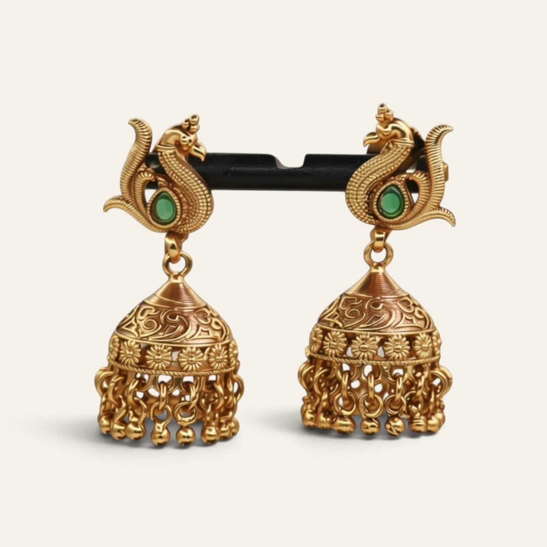 South Indian Peacock Chitaag Necklace Set | Gold Plated Choker with Ruby, Emerald & Jhumka Earrings