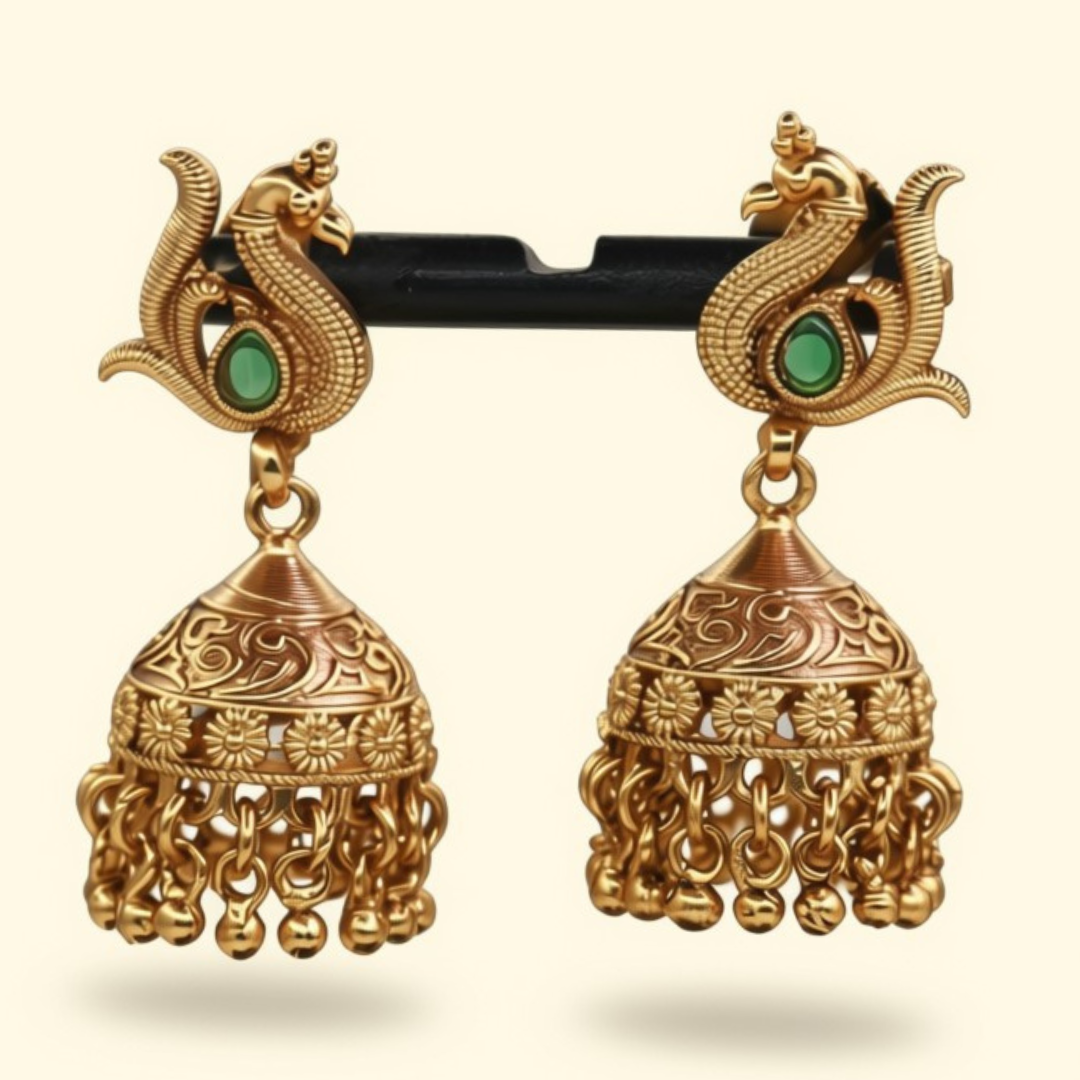 South Indian peacock jhumka earrings gold plated with emerald stone and hanging bells - bridal jewellery