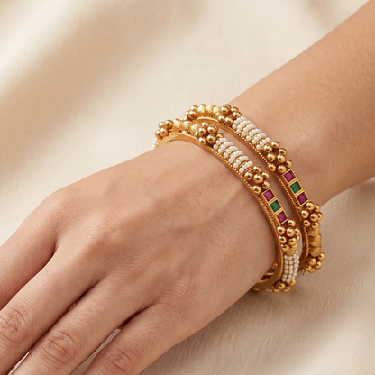 Pearl and green-red stone studded gold-tone bangles set of 4 pcs – Jija Jewellery