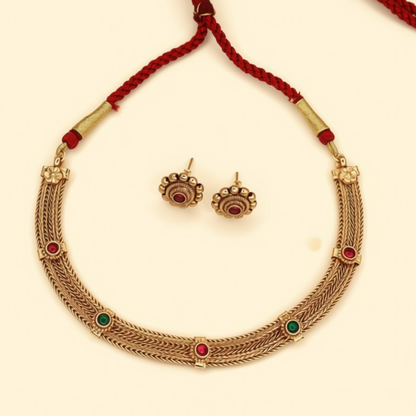 Traditional dori choker necklace set with ruby and emerald stones antique gold finish with matching earrings - Jija Jewellery