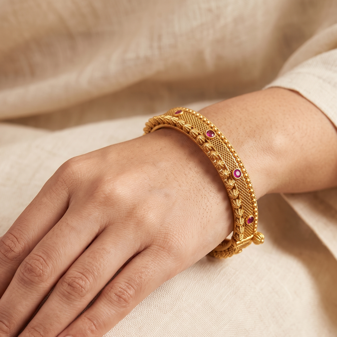 Red stone latkan kada bangles pair – antique gold plated bridal bangles by Jija Jewellery