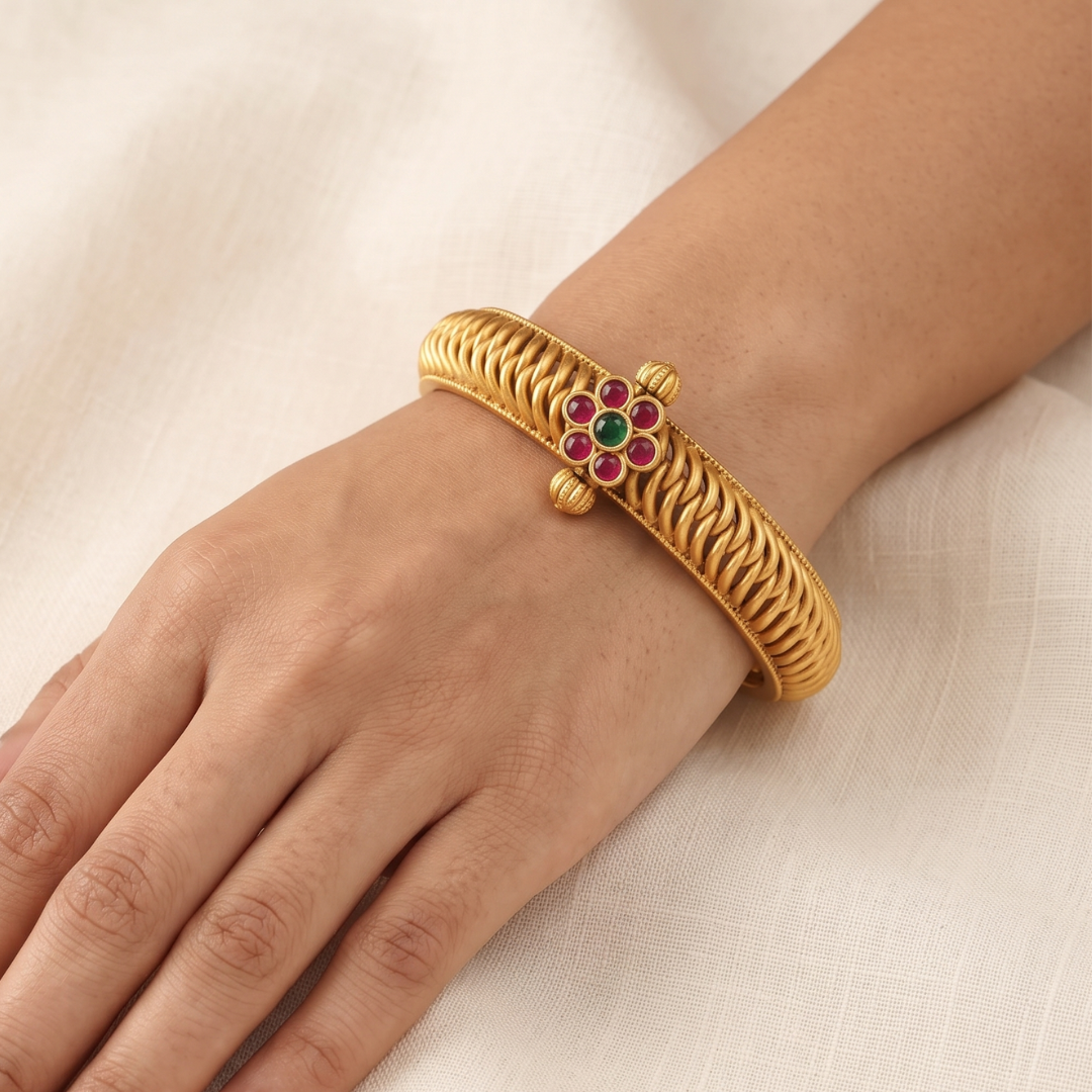 Red and green floral gold-plated kada bangles for women, festive and wedding wear