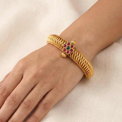 Red and green floral gold-plated kada bangles for women, festive and wedding wear