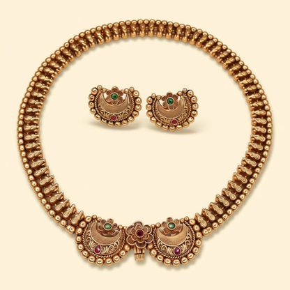 Antique gold Chandbali choker necklace set with ruby emerald stones and matching earrings - full set view - Jija Jewellery
