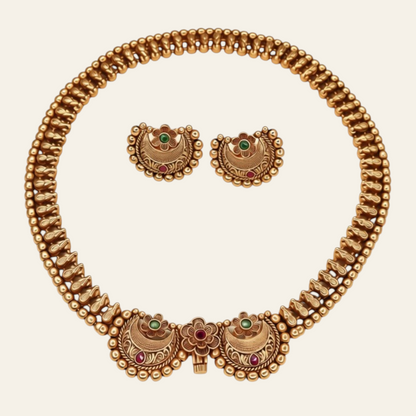 Antique gold Chandbali choker necklace set with ruby emerald stones and matching earrings - full set view - Jija Jewellery