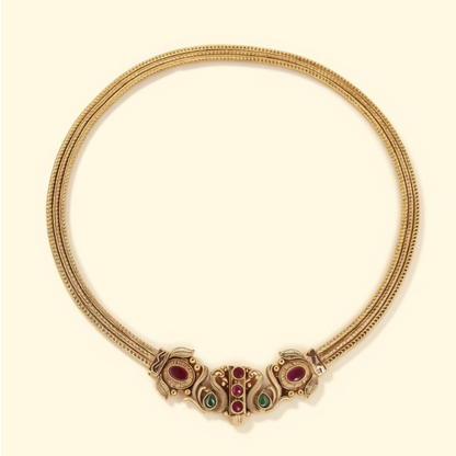 South Indian gold plated Peacock Chitaag multi-strand choker necklace with ruby and emerald stones - Jija Jewellery